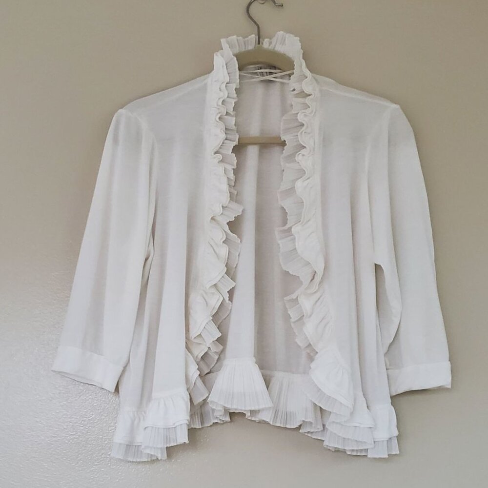 Madison White Ruffled Rayon Cardigan. Size L